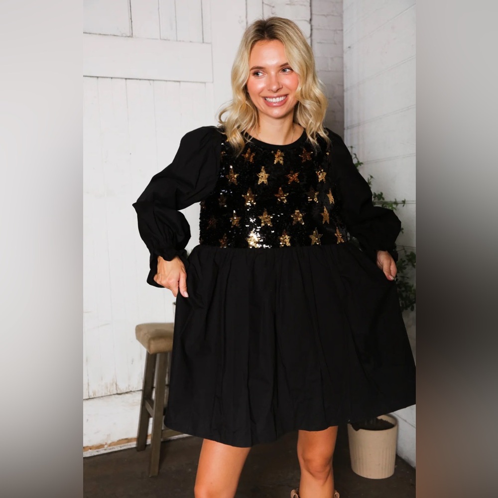 FANTASTIC FAWN BLACK & GOLD SEQUIN STARS APPLIQUE POCKETED DRESS - Picture 2 of 4